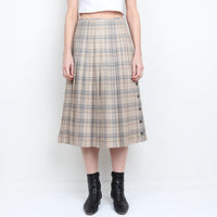 Plaid 100% Wool Pleated Midi Skirt L