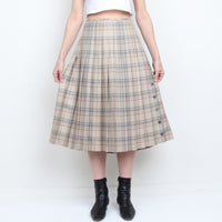 Plaid 100% Wool Pleated Midi Skirt L