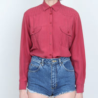 Red Pleated Detail Silk Blouse