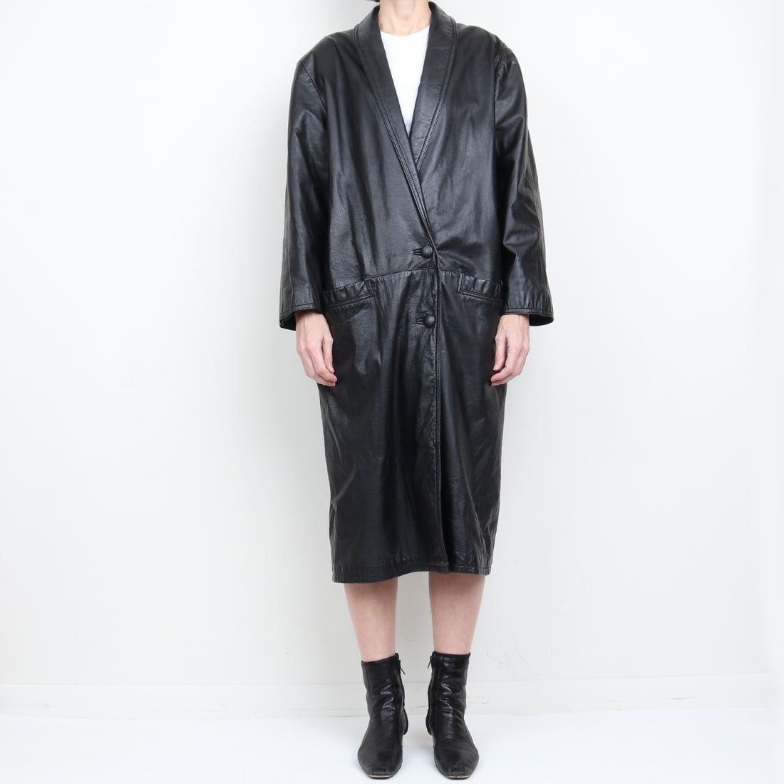 80s Long Leather Coat L