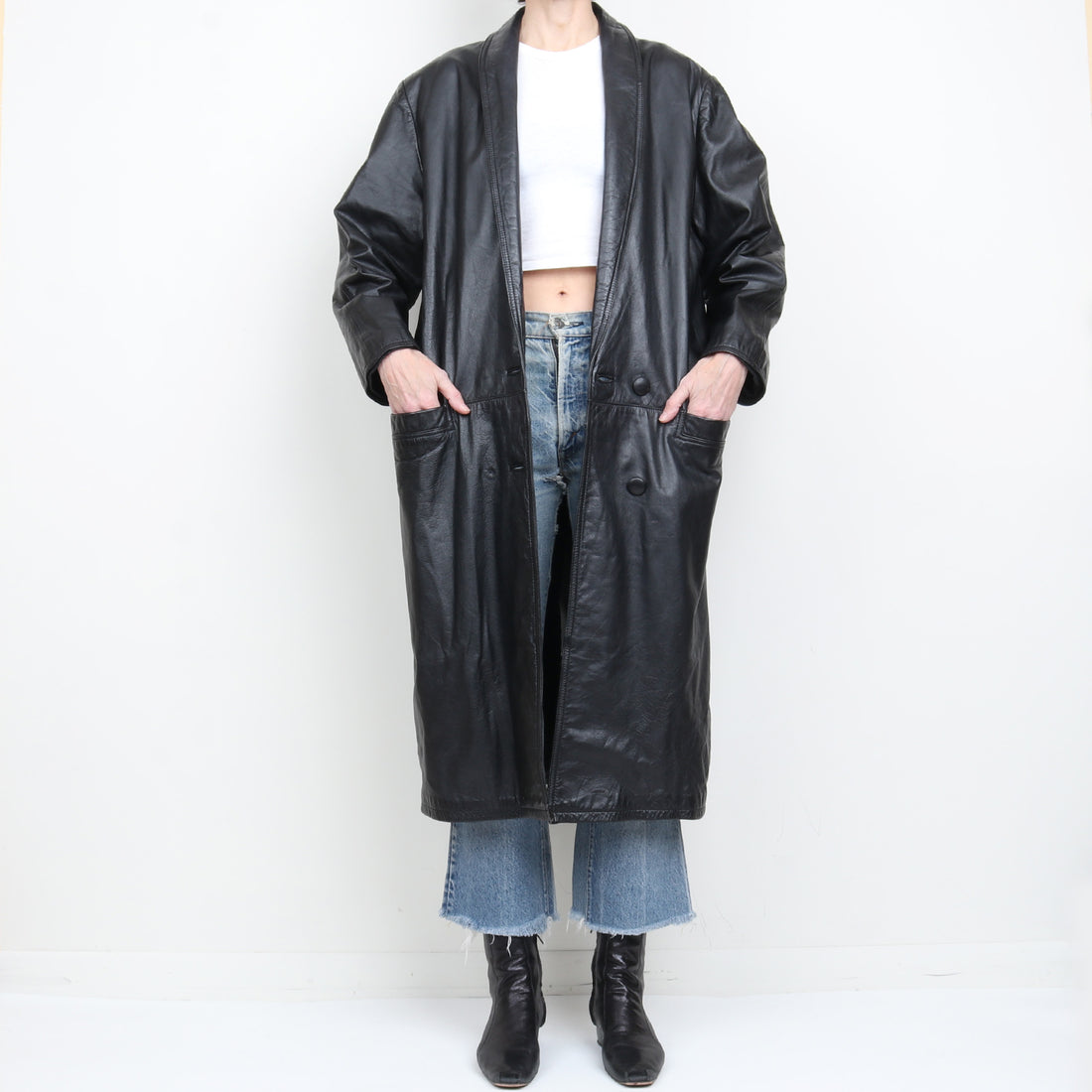 80s Long Leather Coat L