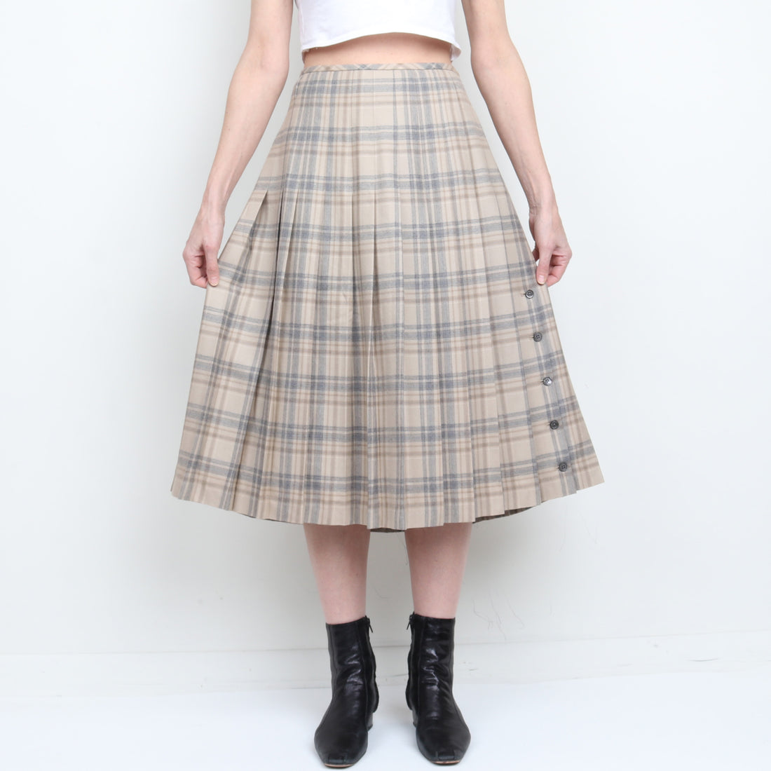 Plaid 100% Wool Pleated Midi Skirt L