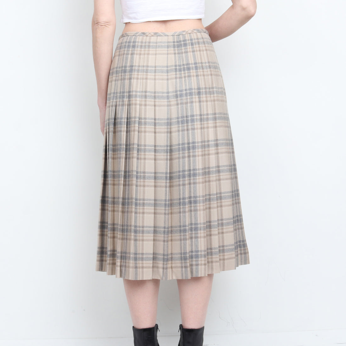 Plaid 100% Wool Pleated Midi Skirt L