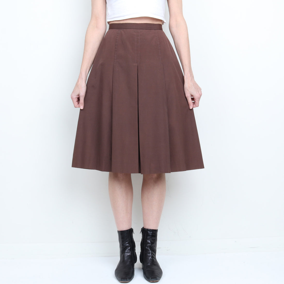 70s Brown Cotton Pleated Midi Skirt