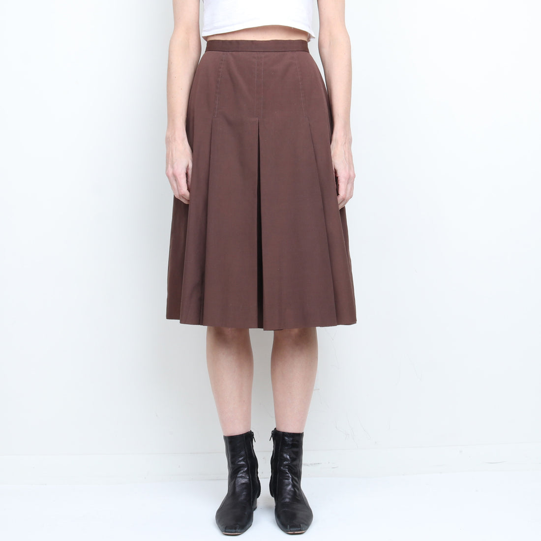 70s Brown Cotton Pleated Midi Skirt