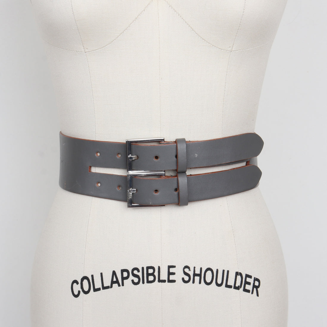 Grey Leather Double Buckle Belt