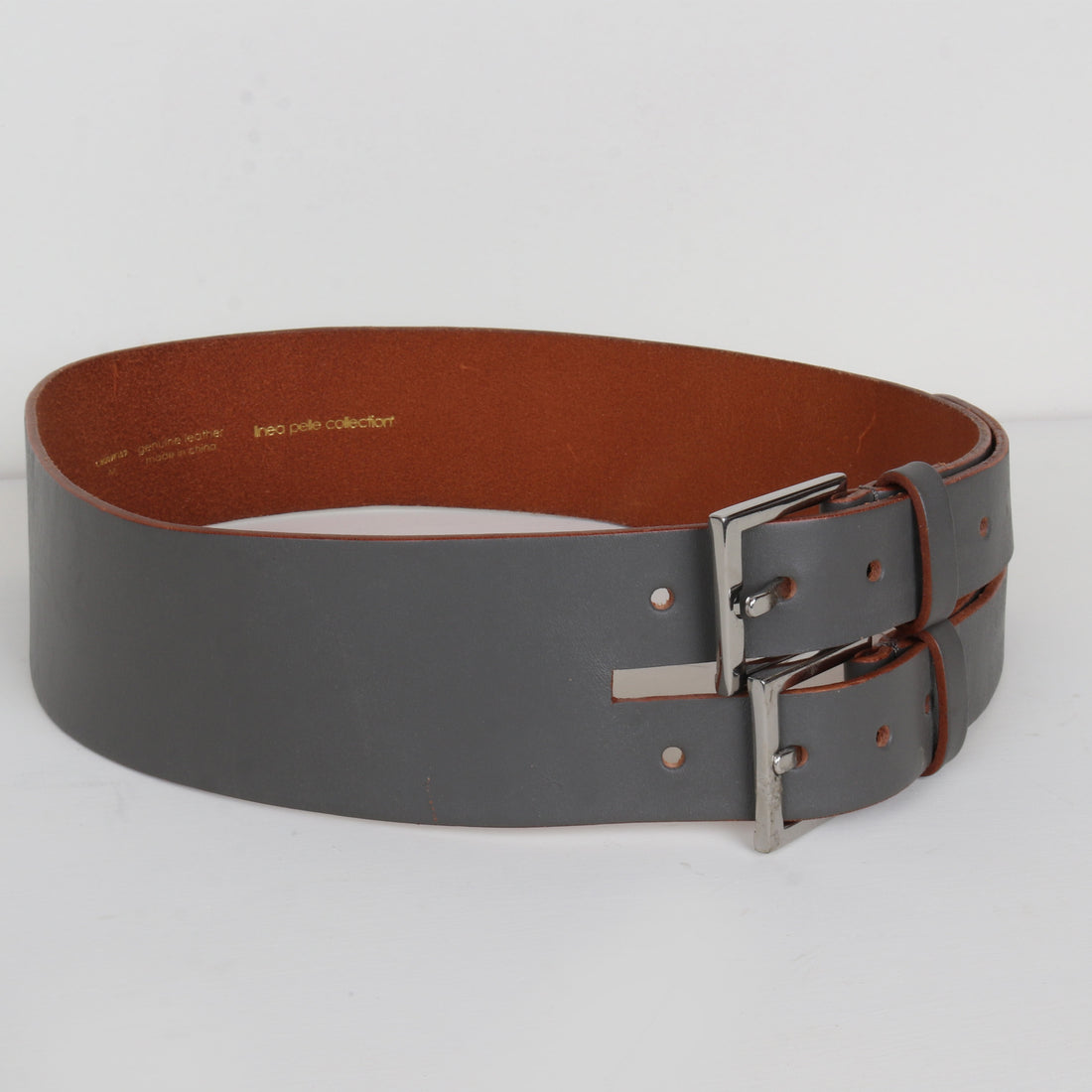 Grey Leather Double Buckle Belt