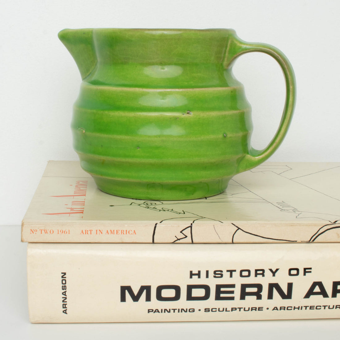 Green Ribbed Ceramic Pitcher