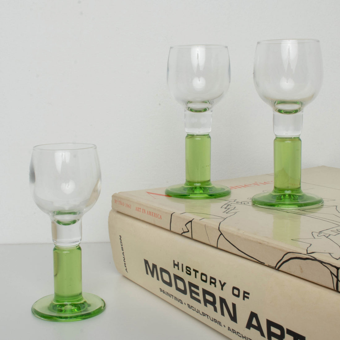 GREEN GLASS STEM CORDIAL GLASSES
