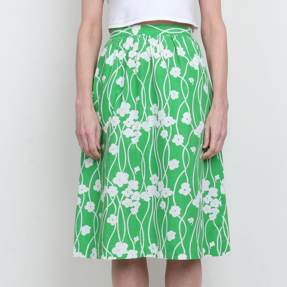 70s Green Floral Midi Skirt