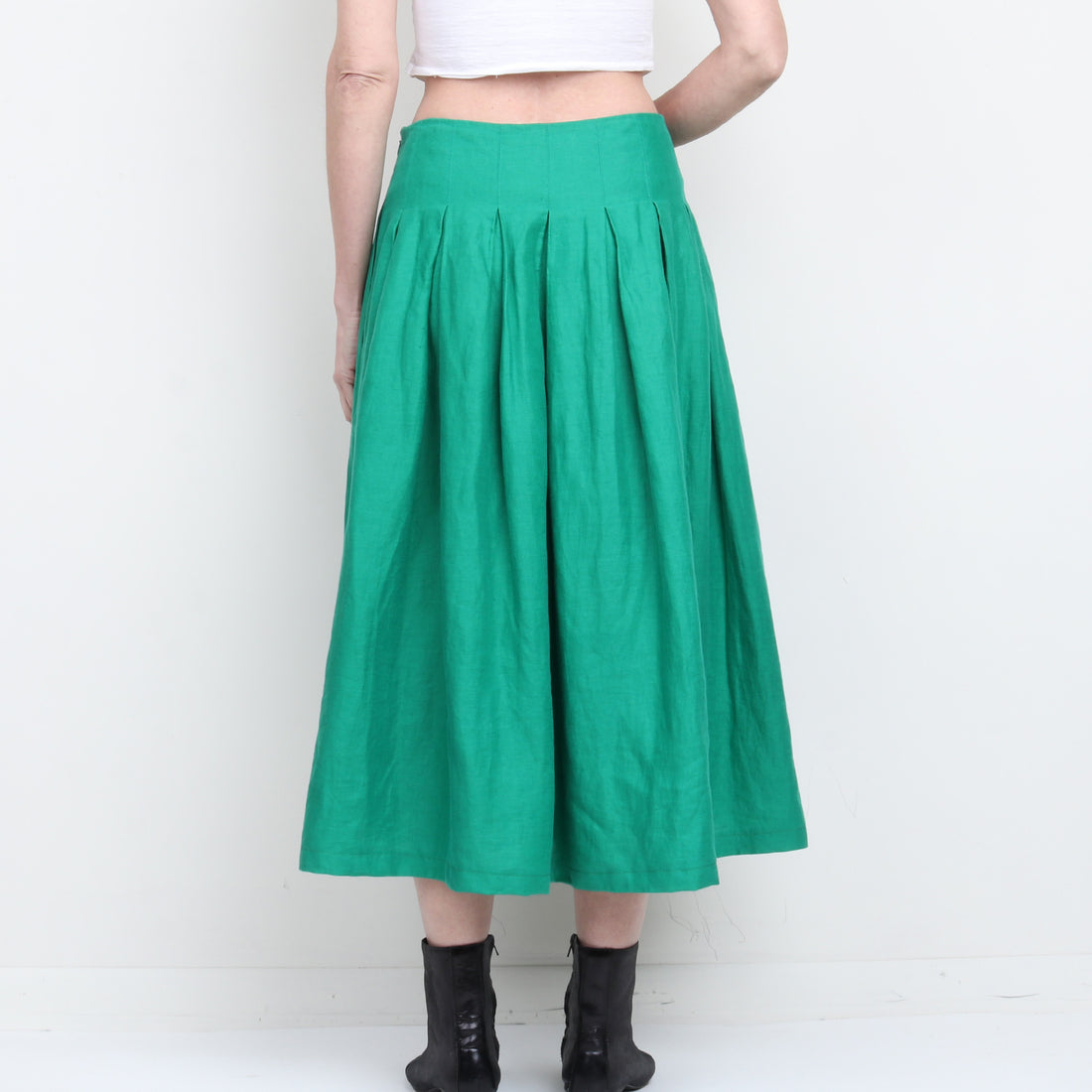 Green Linen Midi Skirt L