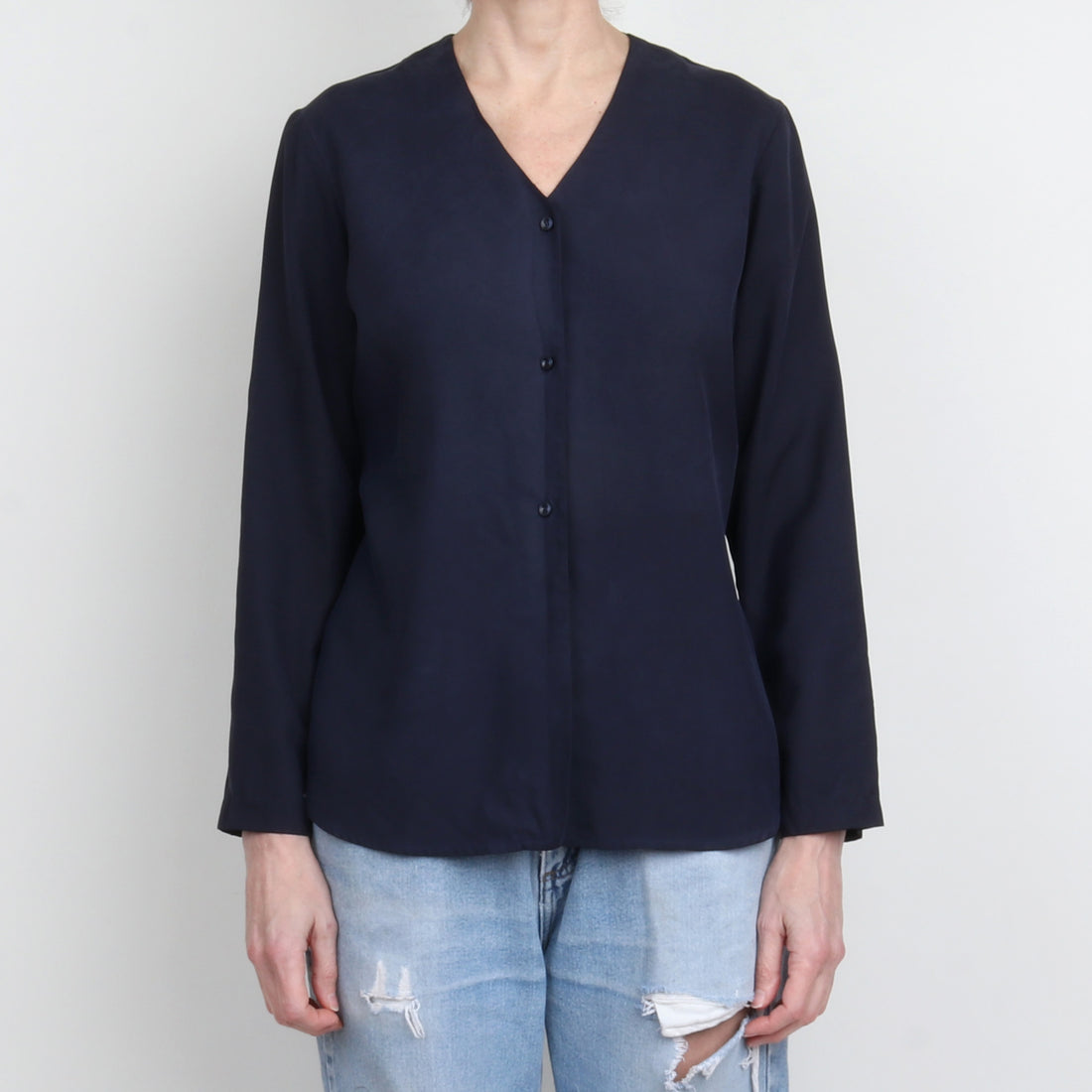 Navy Silk V Neck Blouse
