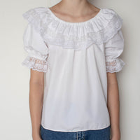 70s Ruffle Lace Puff Sleeve Top S