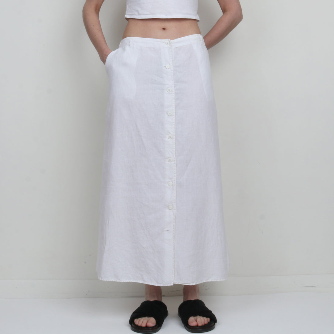 White Linen Button Down Maxi Skirt XL