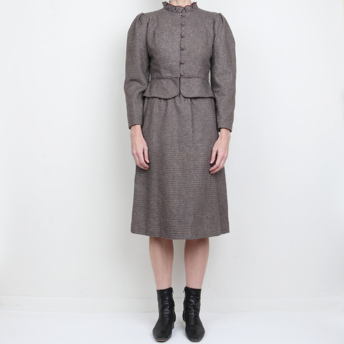 Wool Puff Sleeve Skirt Suit